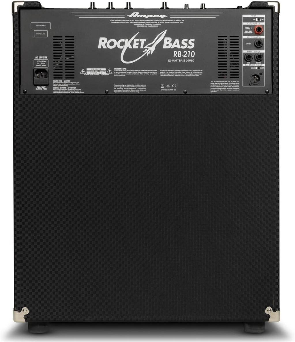 Ampeg Rocket Bass 210 500W bass combo amplifier with two 10-inch speakers, black casing, and control panel on top.