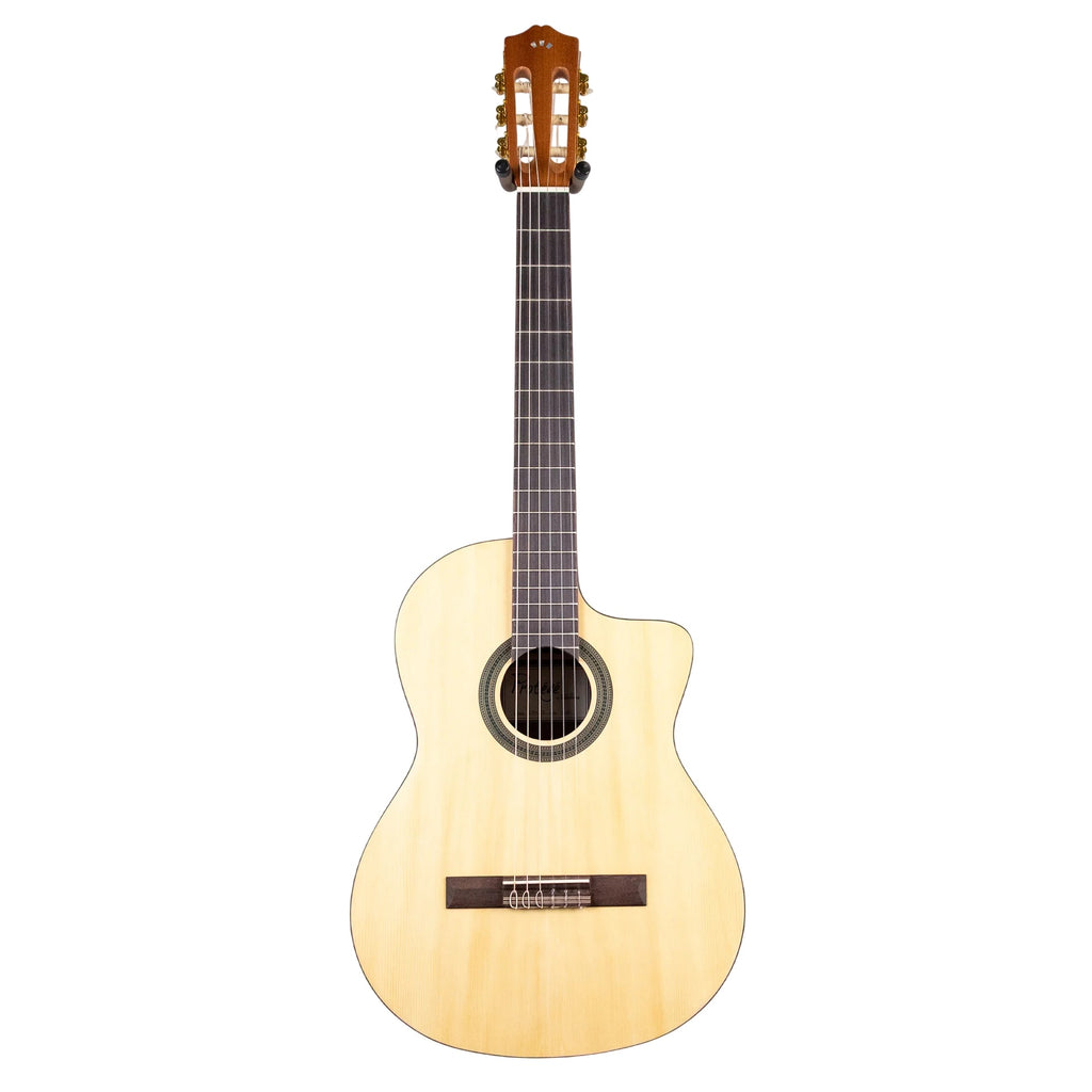 Cordoba Protege C1M-CE classical guitar with nylon strings, cutaway body, and spruce top, displayed on a stand.