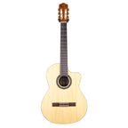 Cordoba Protege C1M-CE classical guitar with nylon strings, cutaway body, and spruce top, displayed on a stand.