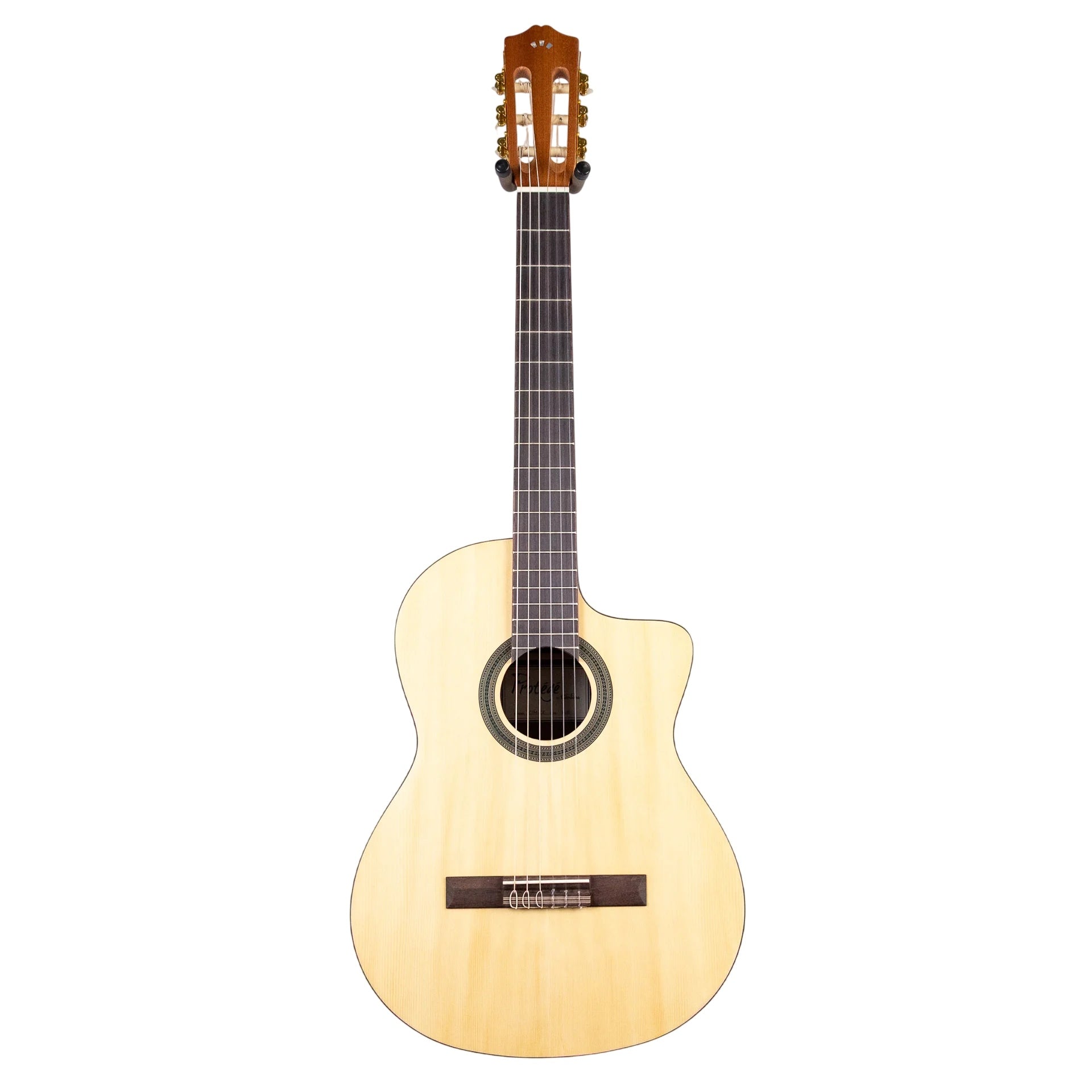 Cordoba Protege C1M-CE classical guitar with nylon strings, cutaway body, and spruce top, displayed on a stand.