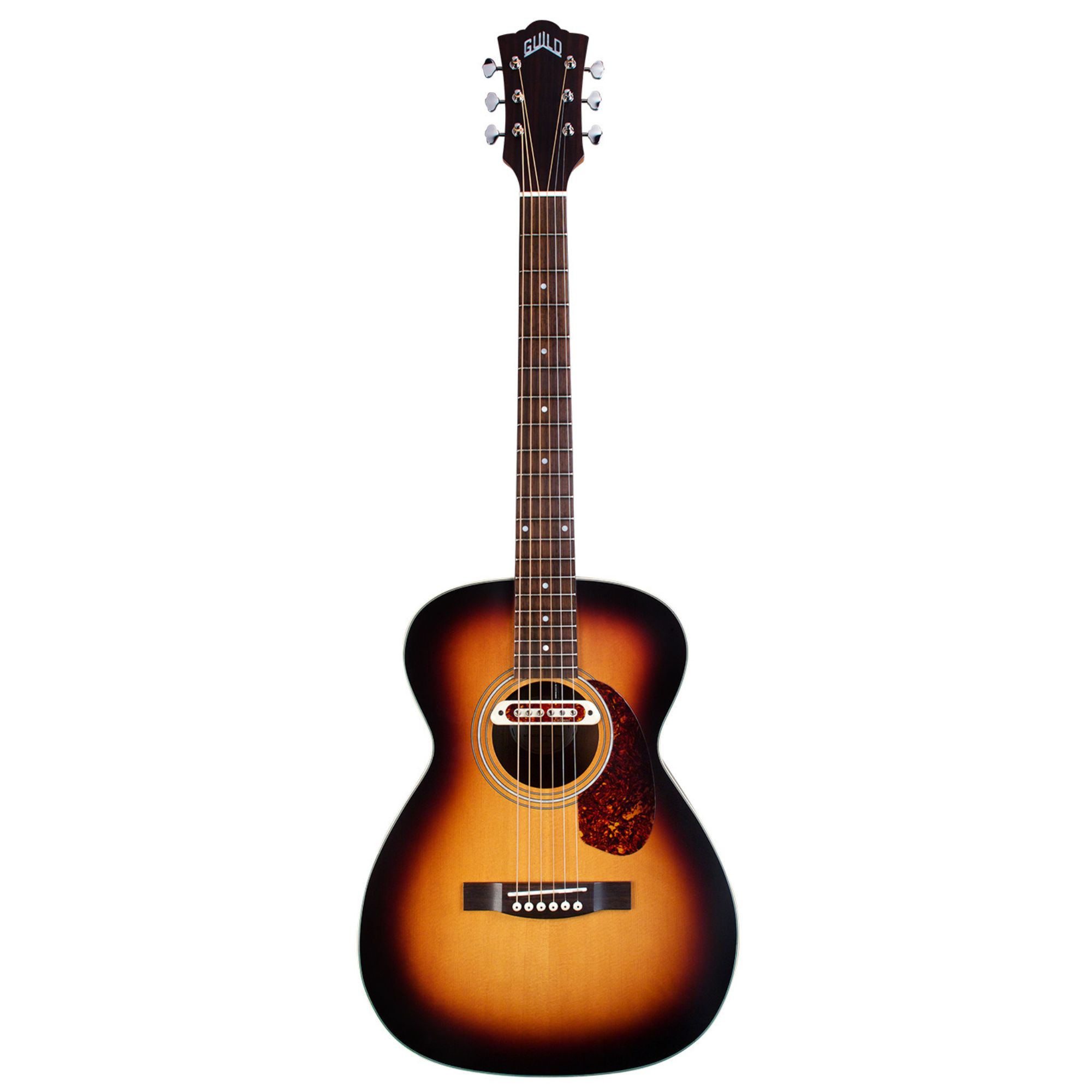 Guild M-240E Troubadour acoustic guitar in vintage sunburst finish with a gig bag, showcasing its archback design and wood grain details.