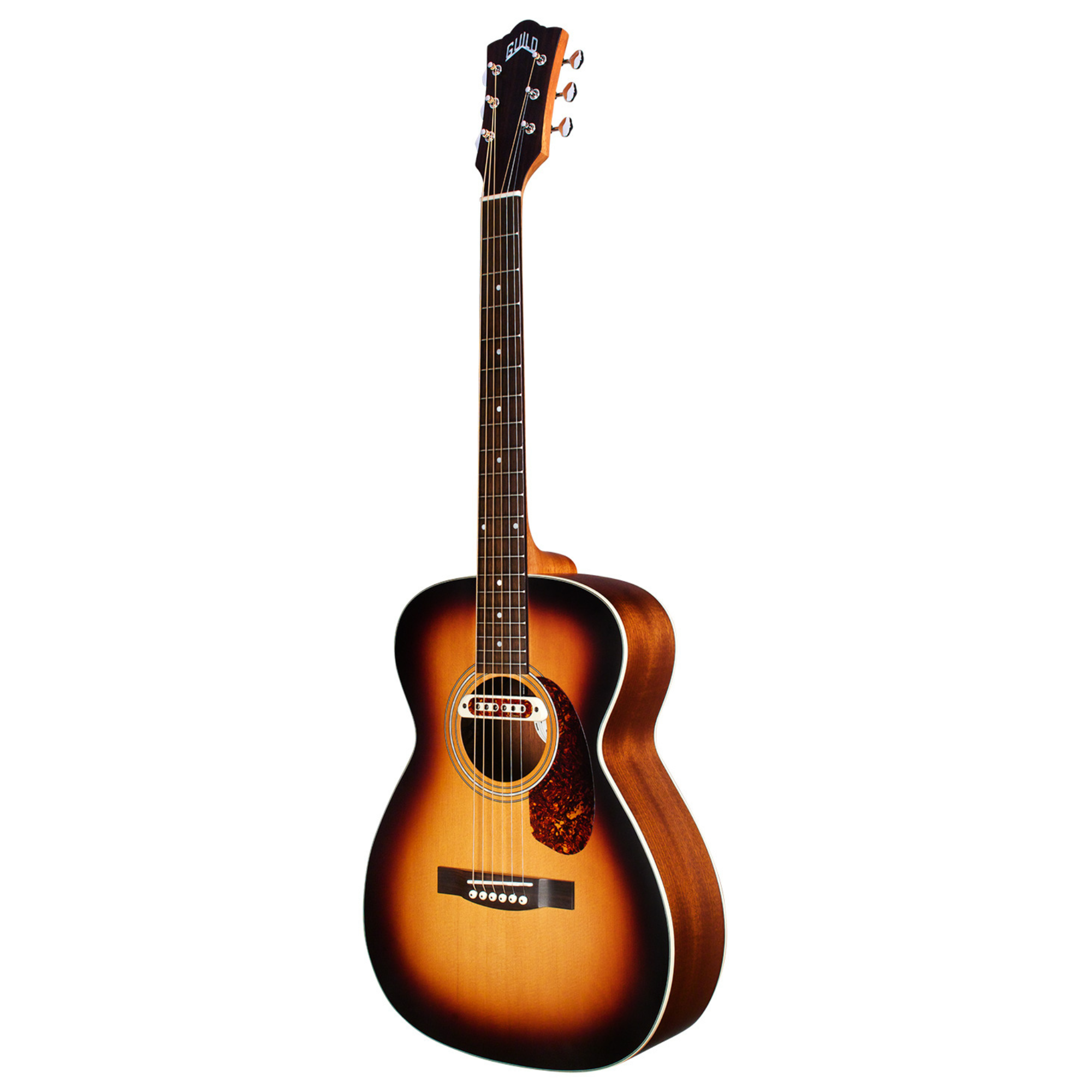 Guild M-240E Troubadour acoustic guitar with vintage sunburst finish and padded gig bag, featuring a classic archback design.