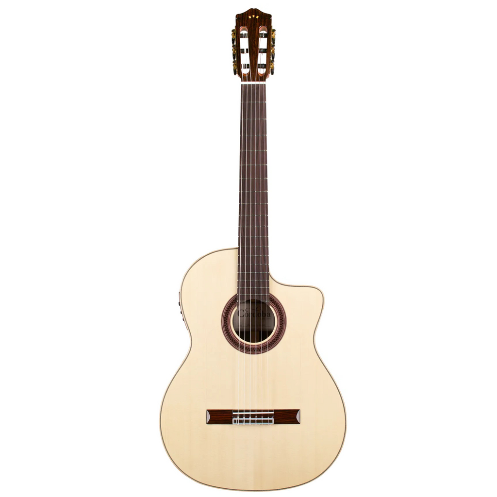 Cordoba GK Studio Negra classical guitar with a black finish, nylon strings, and a protective gig bag for easy transport.