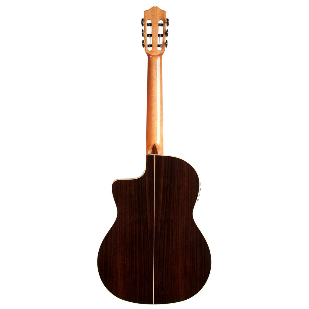 Cordoba GK Studio Negra classical guitar with a black finish and a matching gig bag, showcasing its body and fretboard.