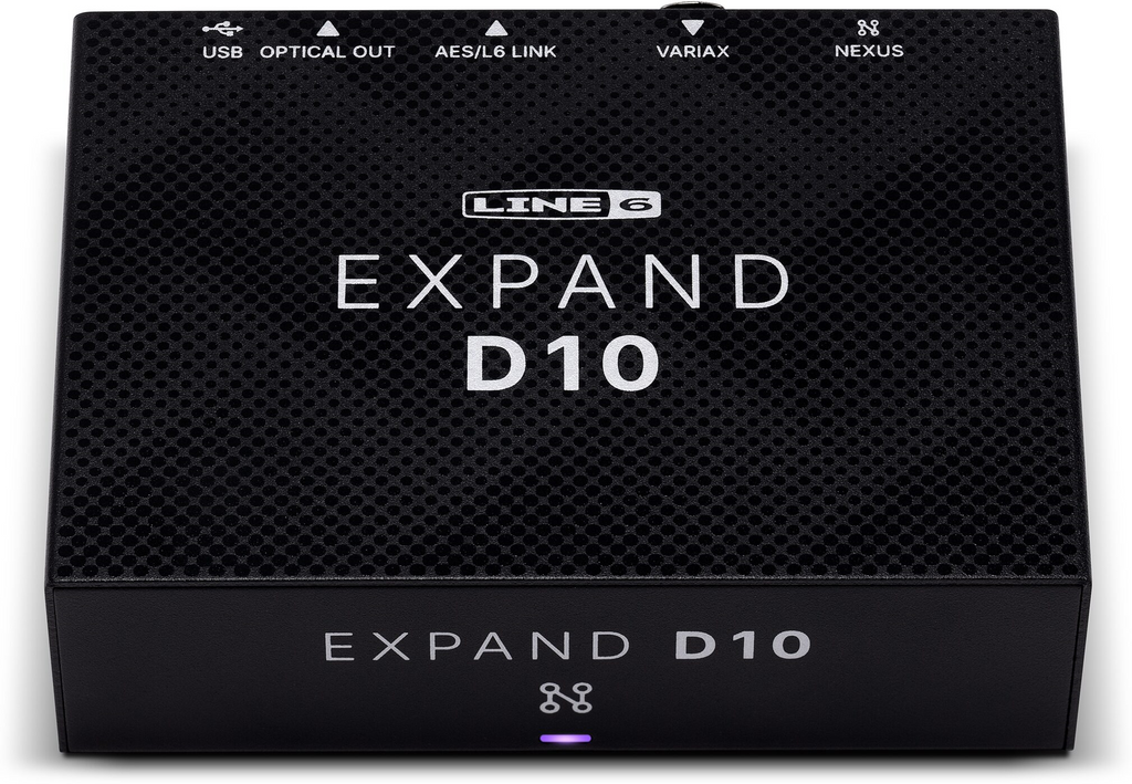 Line 6 Expand D10 digital I/O expansion for Helix and Stages guitar effects accessories, showing the compact device with input ports.