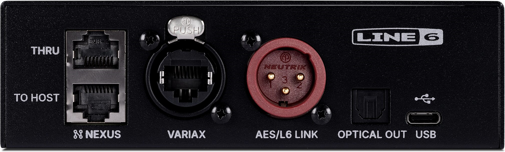 Line 6 Expand D10 digital I/O expansion device for Helix and Stadium effects accessories, shown with cables and ports.