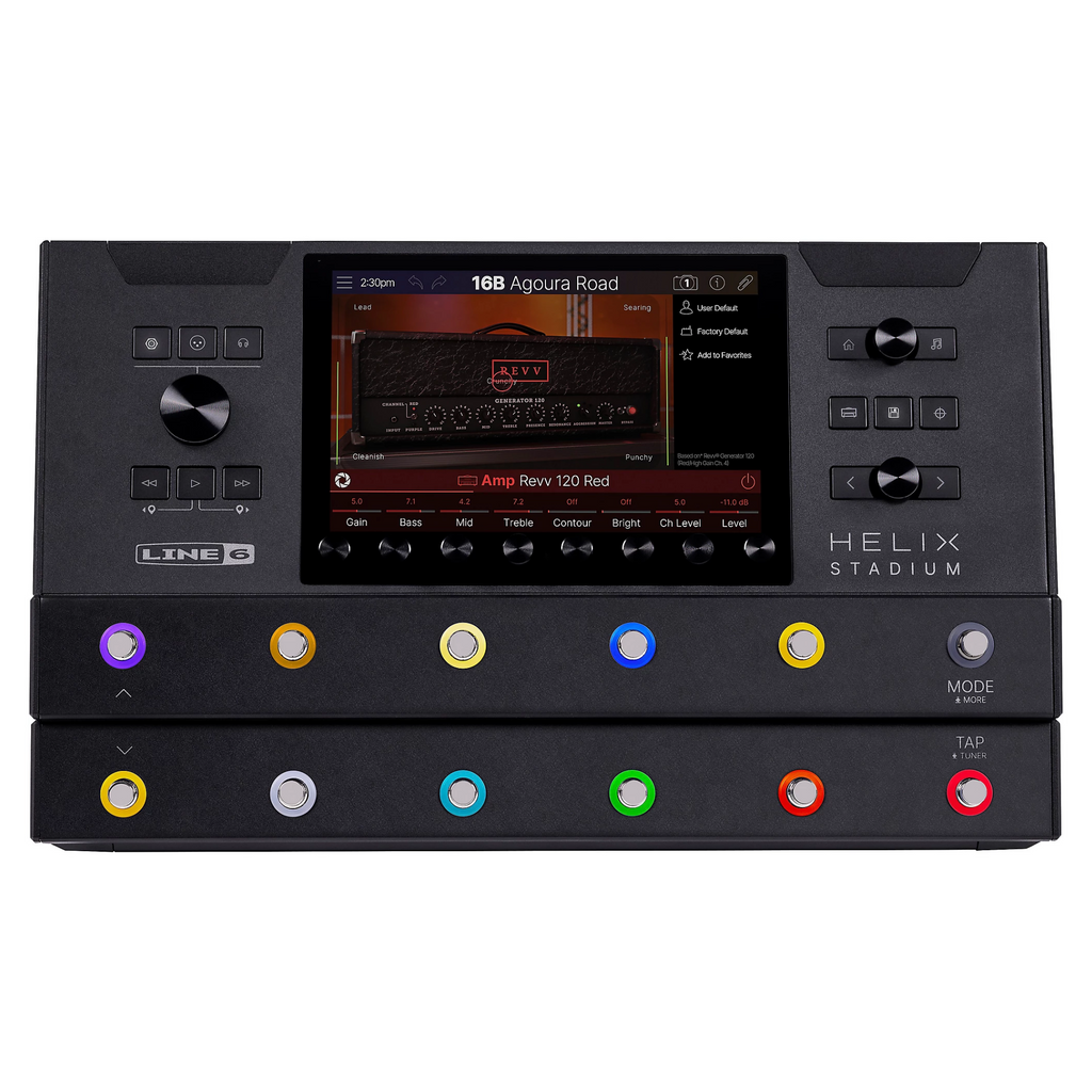 Line 6 Helix Stadium Floor multi-effects processor pedal with multiple control knobs and display screen for guitar effects.