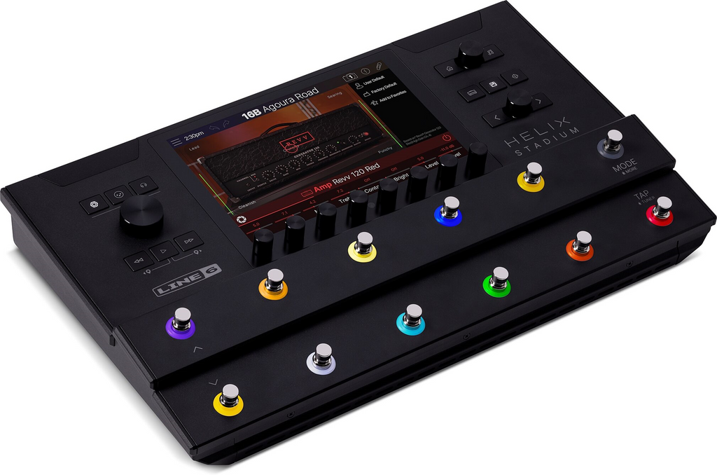 Line 6 Helix Stadium Floor multi-effects processor pedal with footswitches and display screen for guitar effects.