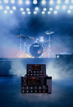 Line 6 Helix Stadium multi-effects processor pedal with various control knobs and footswitches for guitar effects.