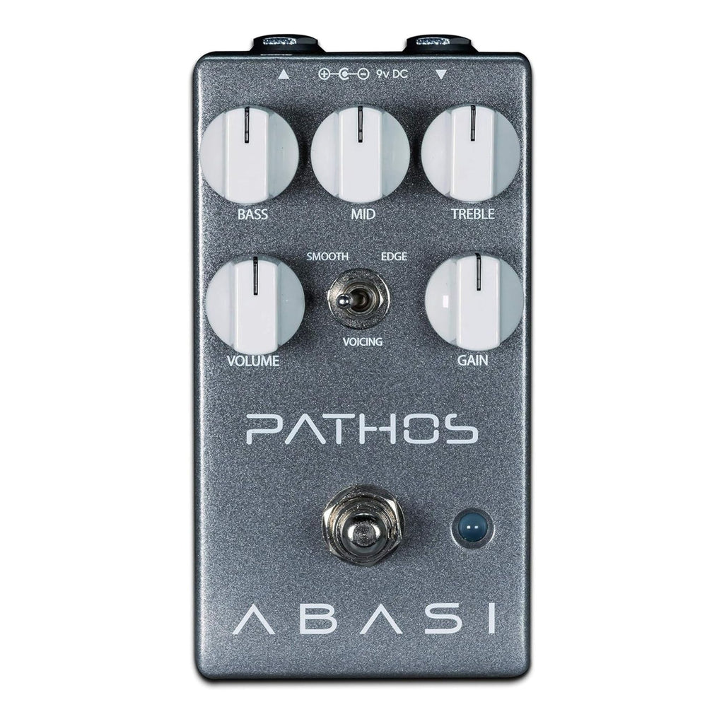 Abasi Pathos Distortion Effects Pedal with multiple control knobs and input/output jacks on a black metal pedal surface.