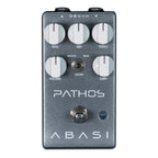 Abasi Pathos Distortion Effects Pedal with multiple control knobs and input/output jacks on a black metal pedal surface.