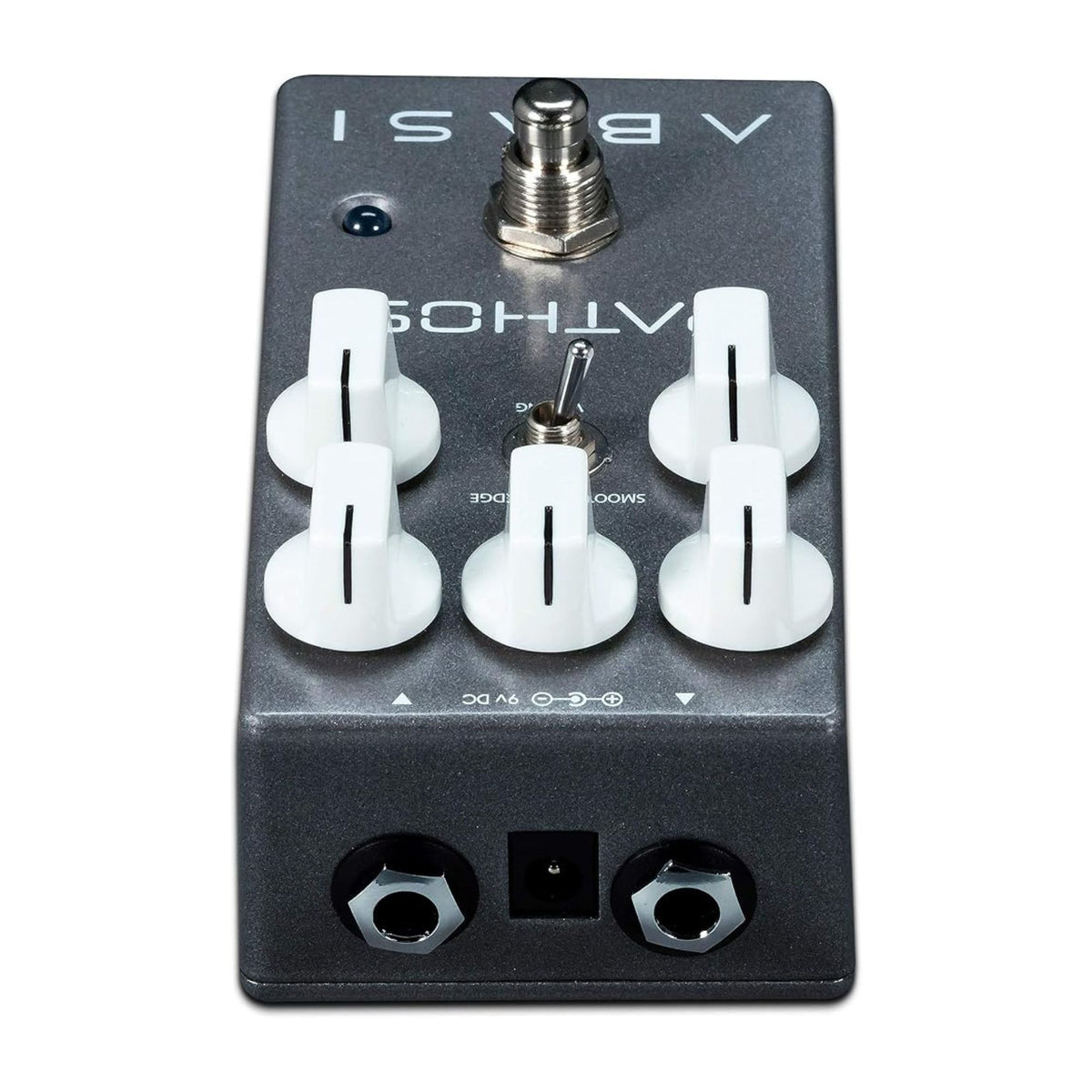 Abasi Pathos Distortion effects pedal with control knobs and footswitch, designed for guitar distortion and effects.
