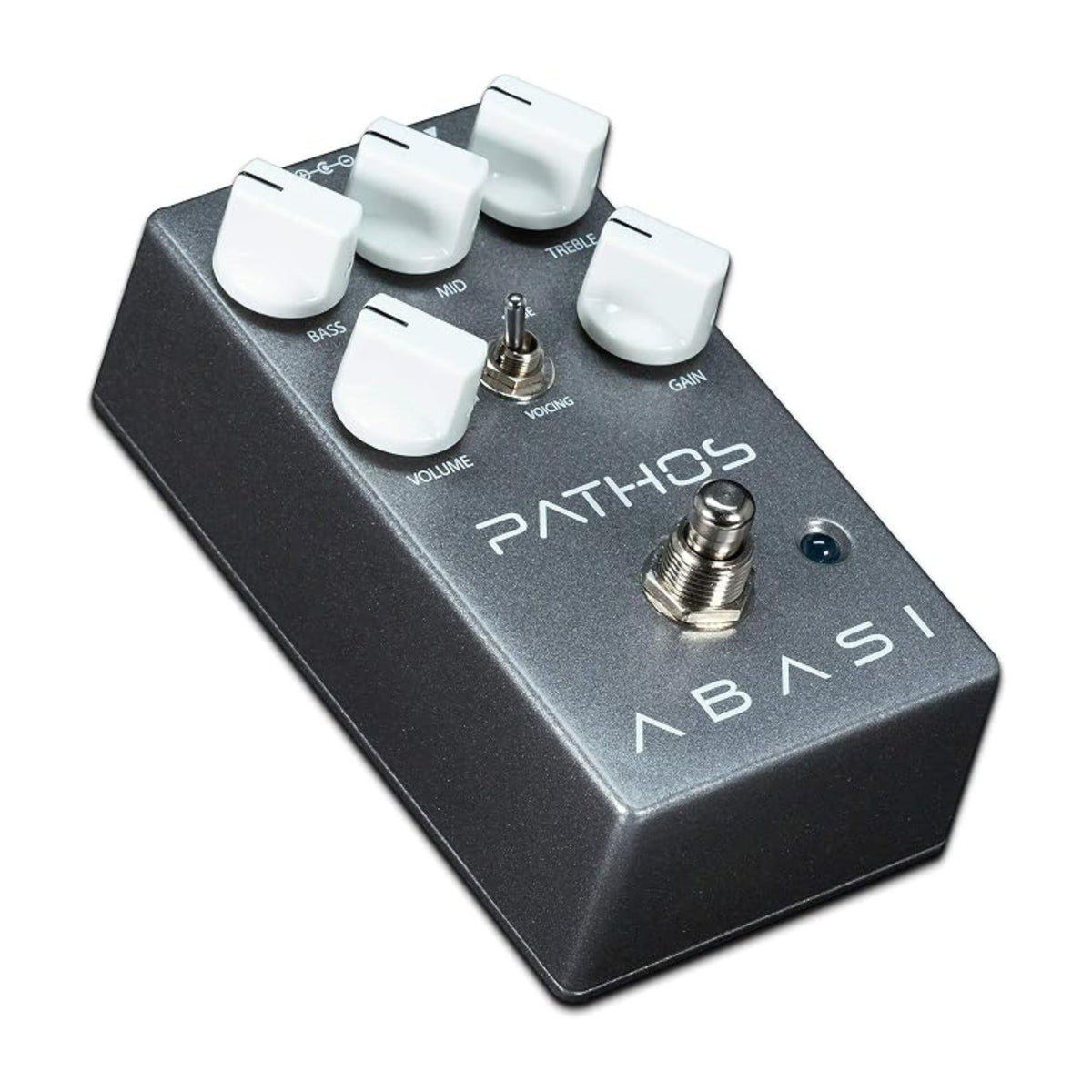 Abasi Pathos Distortion effects pedal with multiple control knobs and input/output jacks, designed for guitar tone shaping.