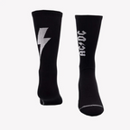 Black Perris Lightning Strikes large crew socks with lightning bolt design, displayed flat on a white background.