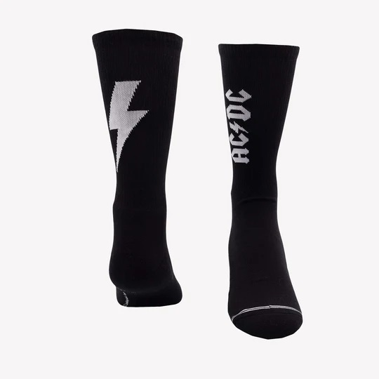 Black Perris Lightning Strikes large crew socks with lightning bolt design, displayed flat on a white background.