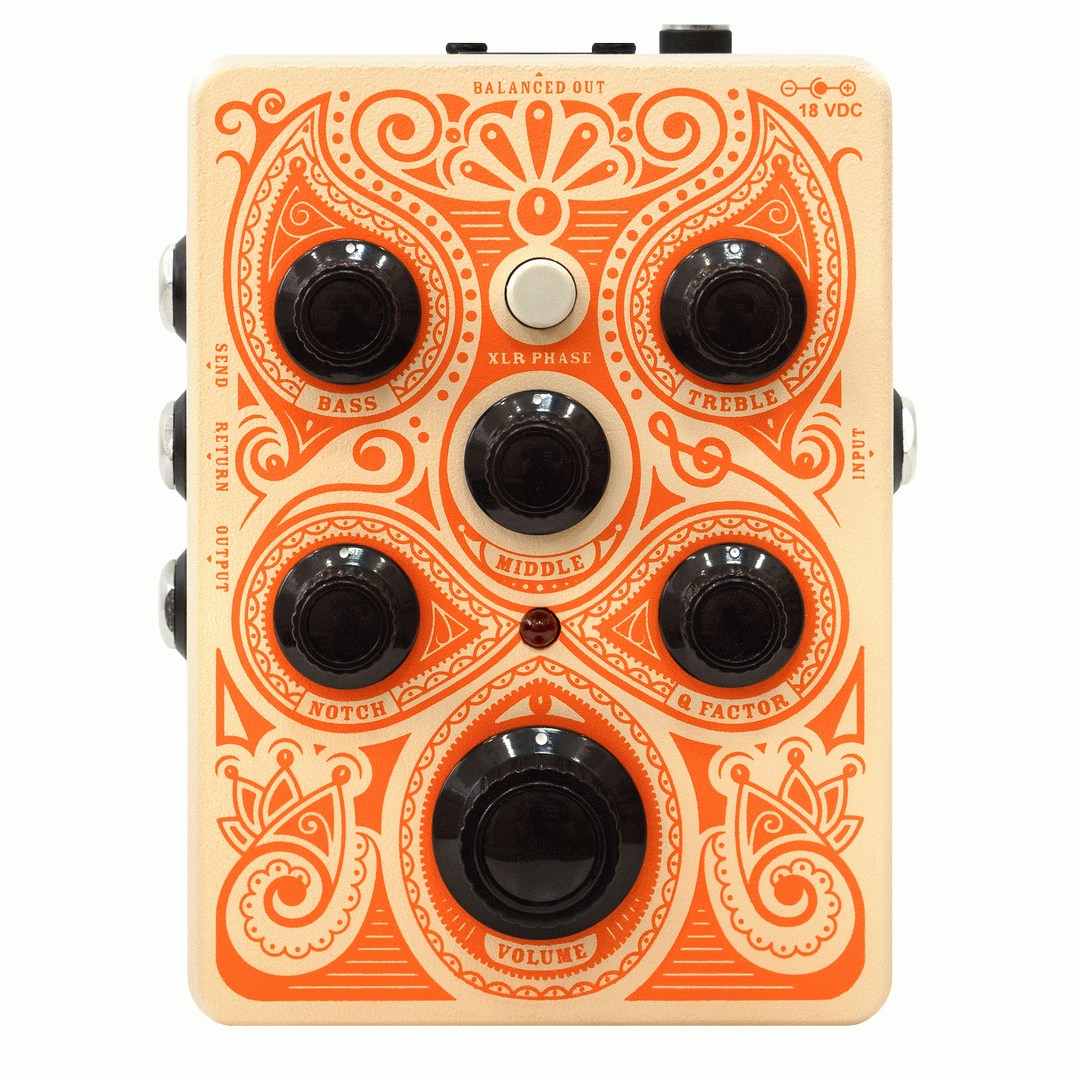Orange acoustic preamp effects pedal with orange casing and control knobs for enhancing acoustic guitar sound.