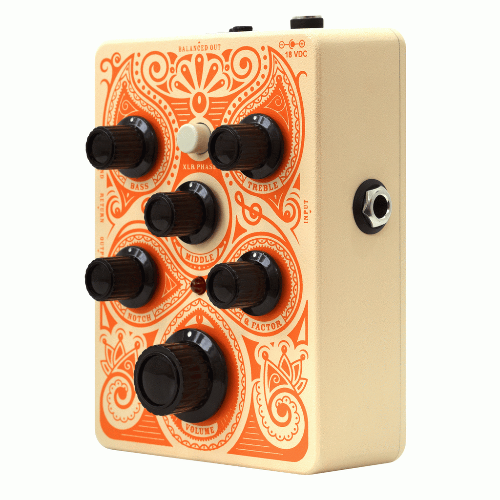 Orange acoustic preamp effects pedal with control knobs and input/output jacks, designed for enhancing acoustic guitar sound.