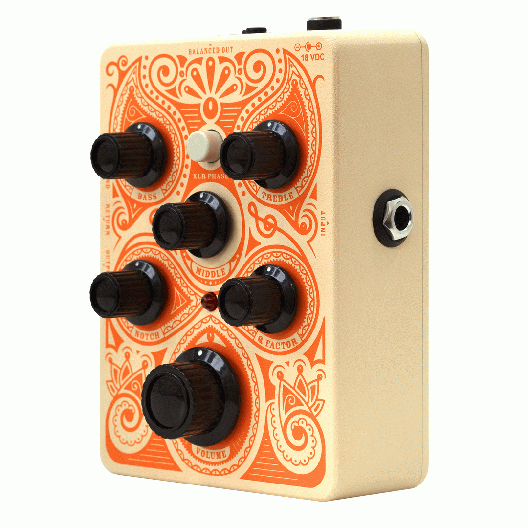Orange acoustic preamp effects pedal with control knobs and input/output jacks, designed for enhancing acoustic guitar sound.