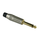 Amphenol ACPM-GN-AU 6.35mm 2-pole jack connector for PA cables and adaptors, shown with metal contacts and plastic housing.