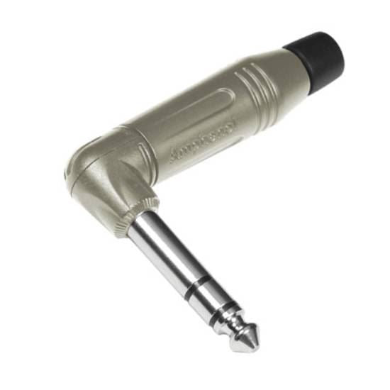 Amphenol ACPS-RN-AU 6.35mm 3-pole right angle jack connector for PA cables and adaptors, showing the connector's right angle design.