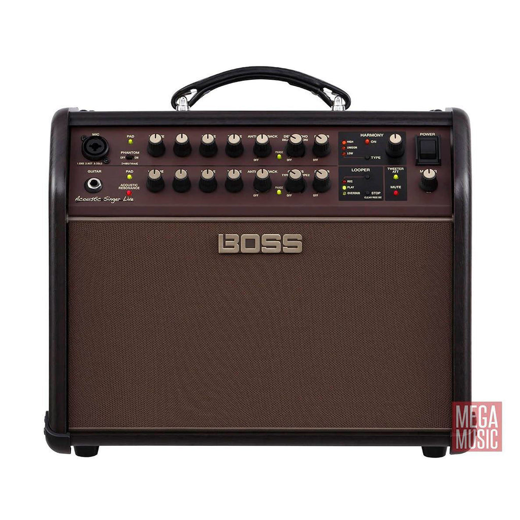 BOSS Acoustic Singer live acoustic guitar amplifier with control knobs and input jacks, designed for live acoustic performances.