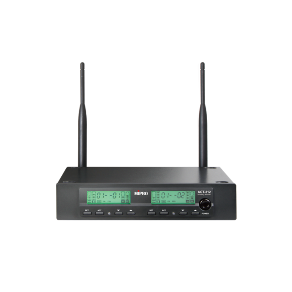 MIPRO ACT312B-5 dual channel wireless microphone receiver with display and controls for professional audio setup.