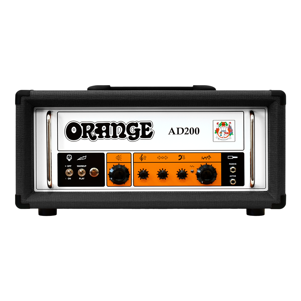 Orange AD200-V2 BK bass amplifier head in black, showing controls and sturdy build for professional bass amplification.