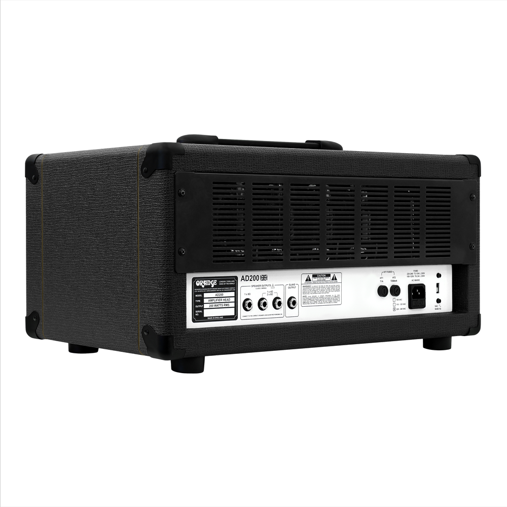 Orange AD200-V2 BK bass amplifier head in black, showing front panel with control knobs and orange branding.
