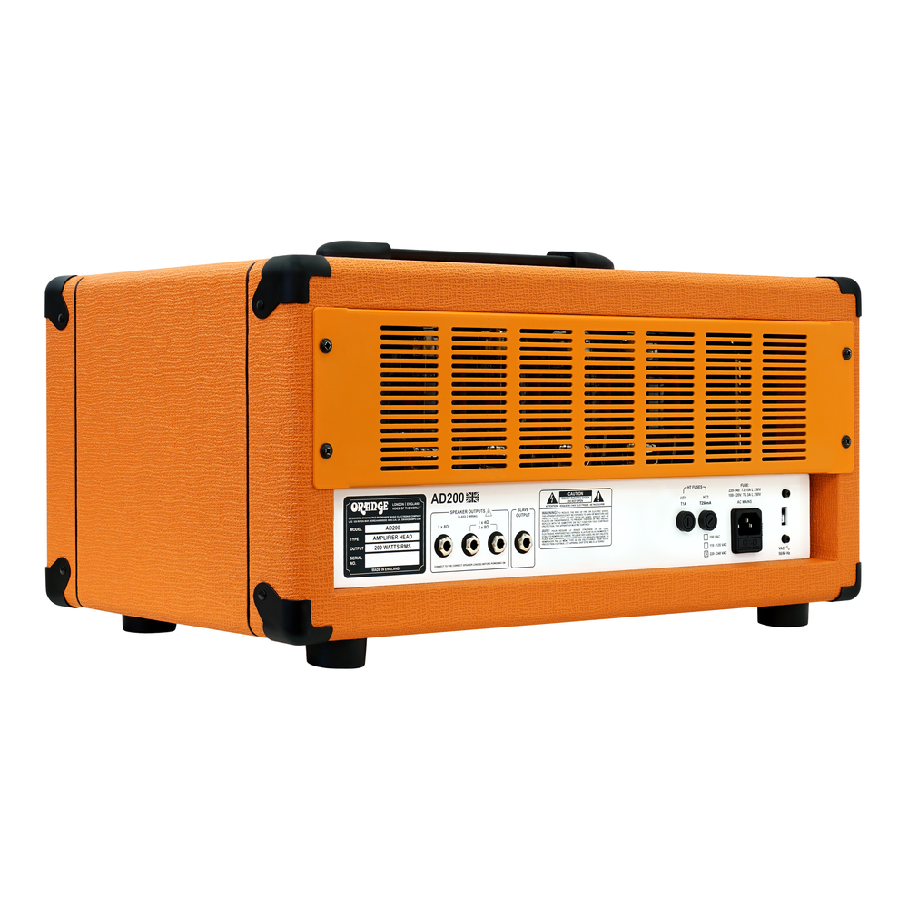 Orange AD200-V2 bass amplifier head with control knobs and input jacks, showcasing its sturdy design and professional audio equipment.