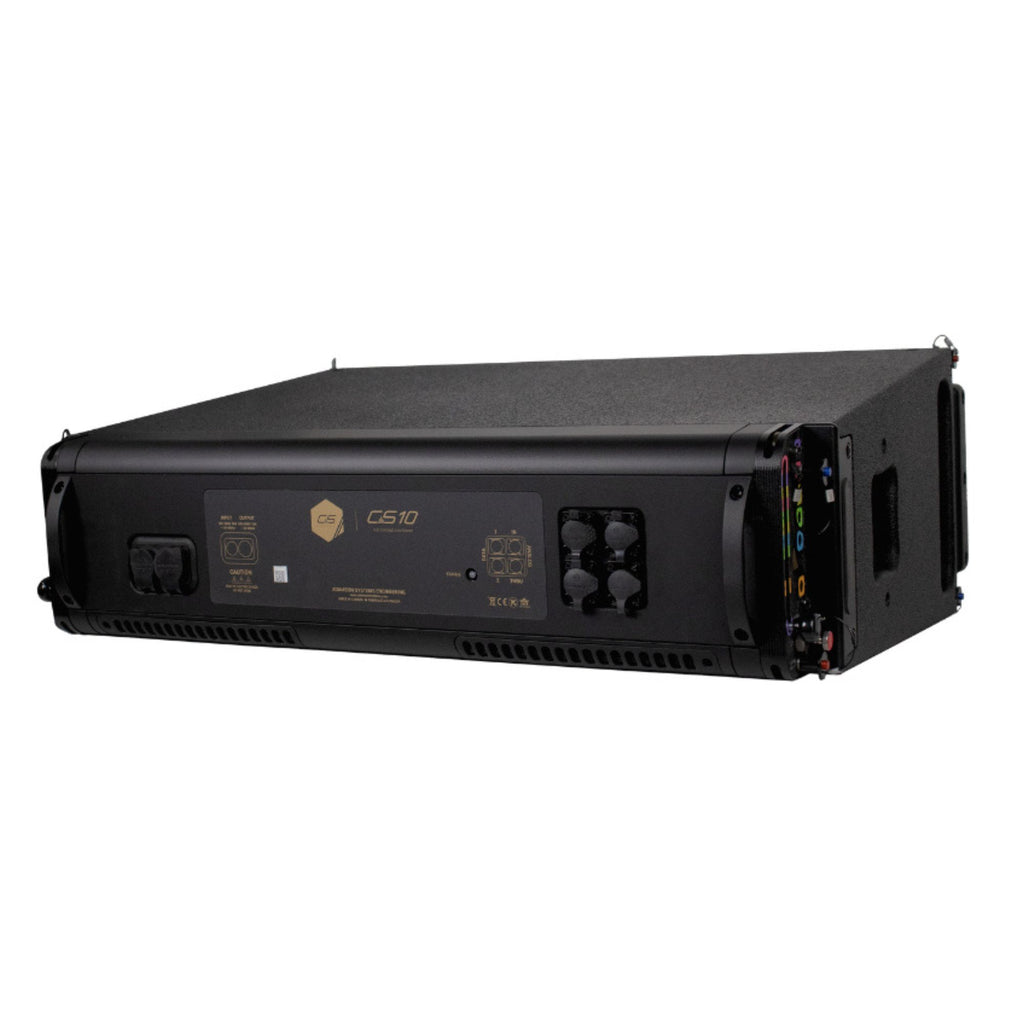 Adamson CS10 active line source loudspeaker with powered design, featuring a sleek black enclosure and professional audio components.