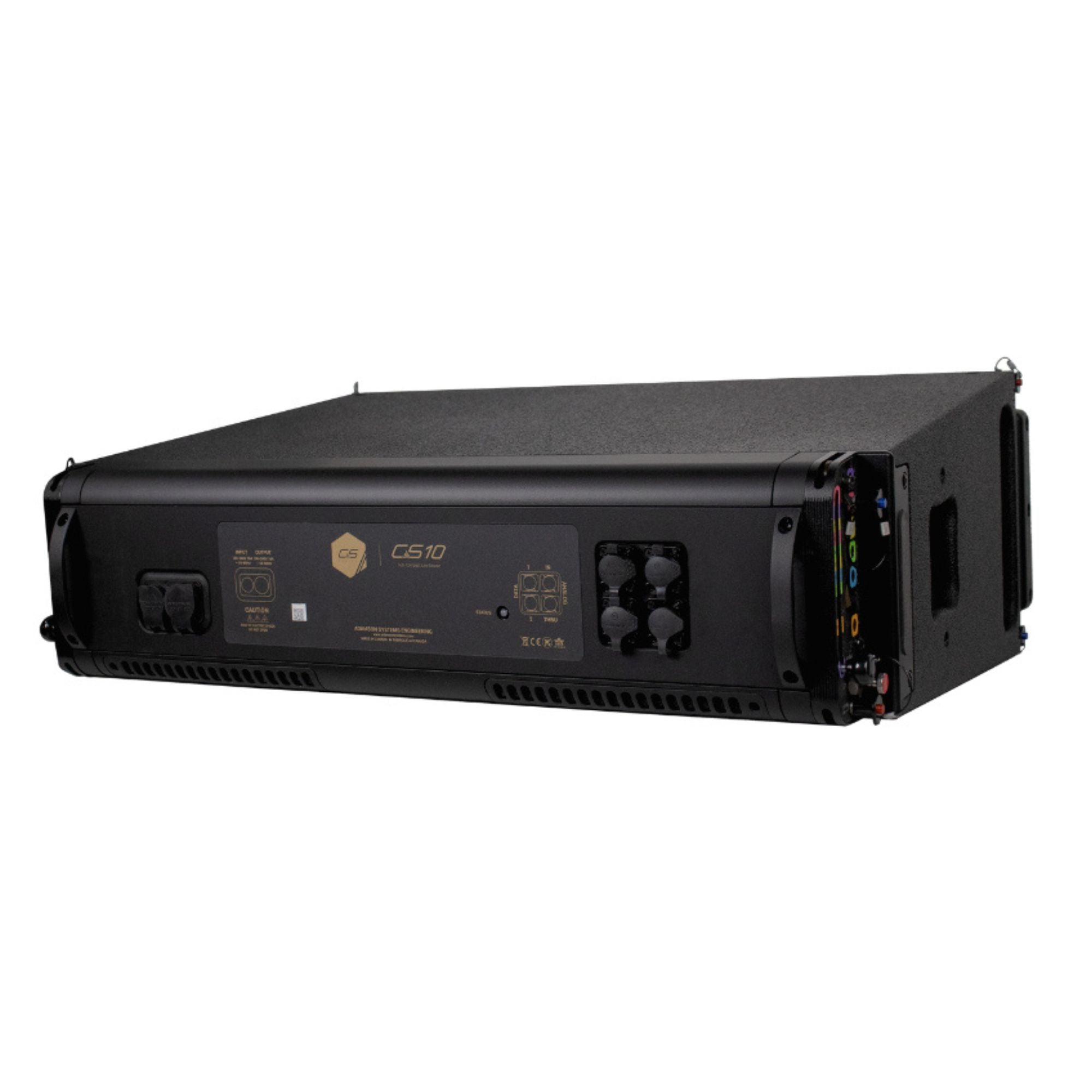 Adamson CS10 active line source loudspeaker with powered design, featuring a sleek black enclosure and professional audio components.