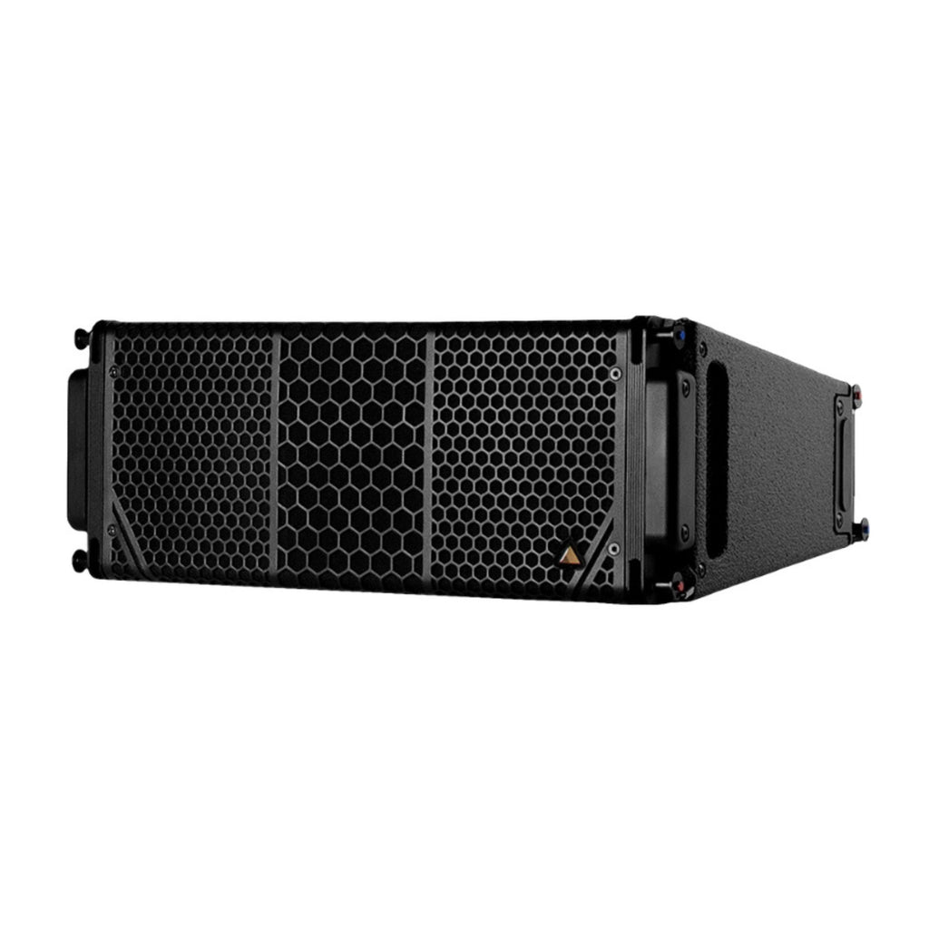 Adamson CS7 active line source loudspeaker showing a sleek, black powered speaker with control panel and speaker grille.