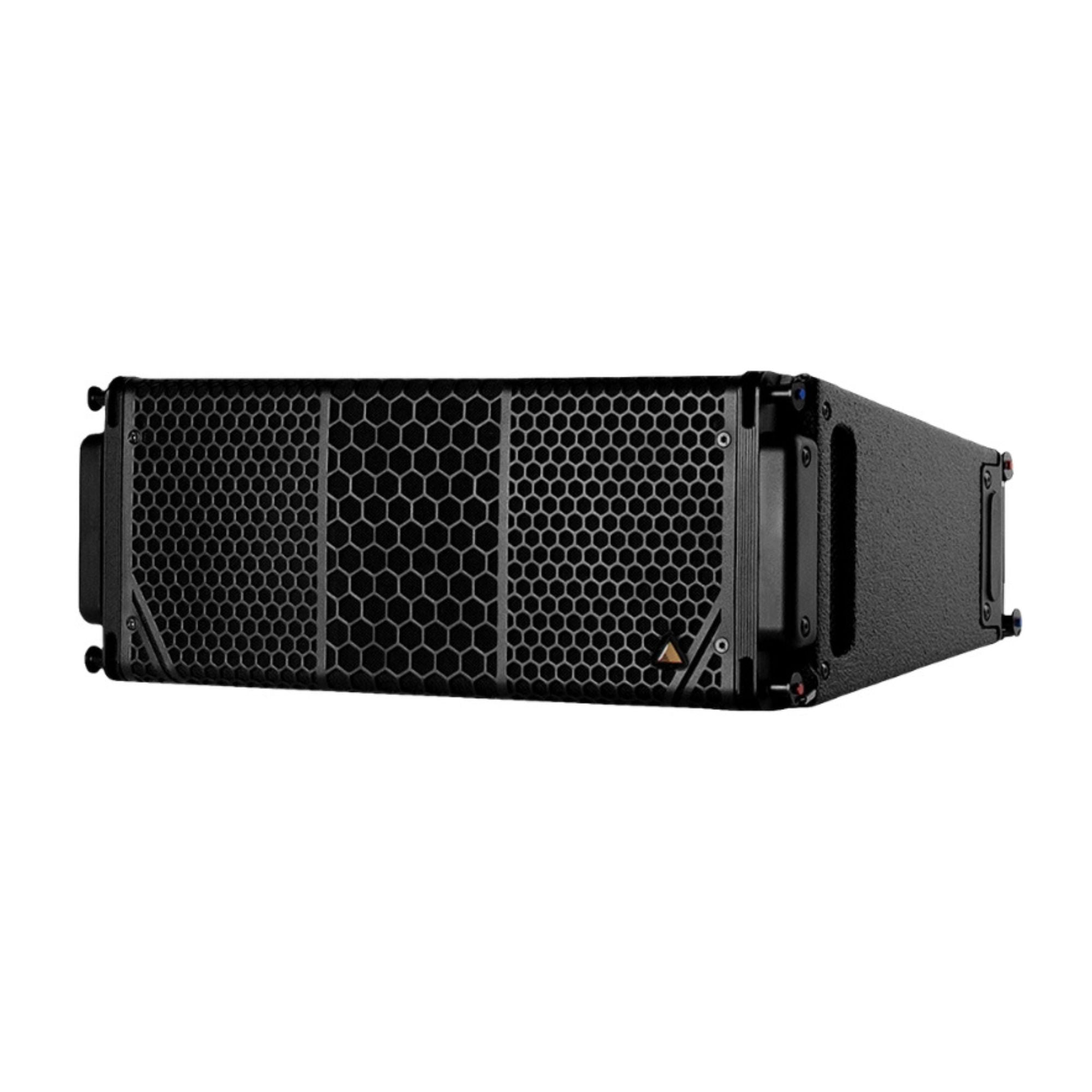 Adamson CS7 active line source loudspeaker showing a sleek, black powered speaker with control panel and speaker grille.