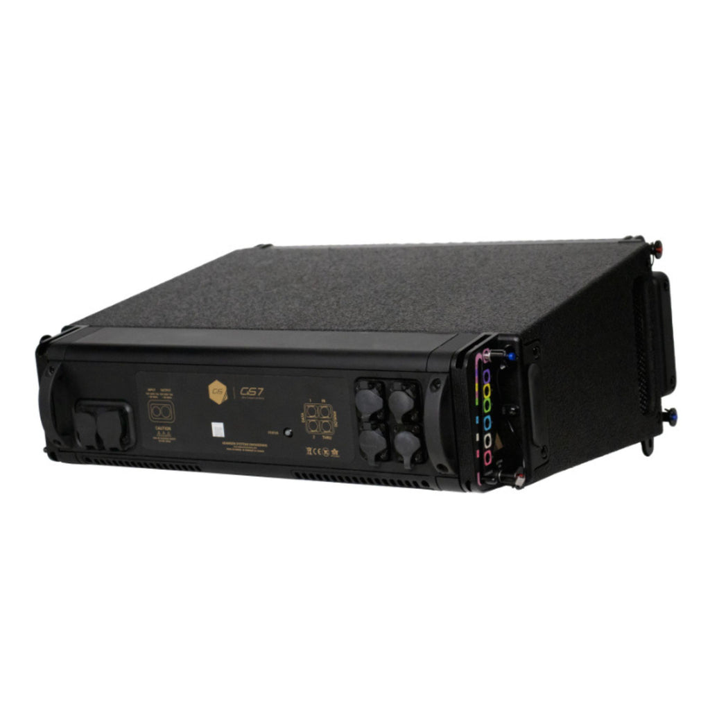 Adamson CS7 active line source loudspeaker showing a sleek black powered speaker with control panel and robust design.