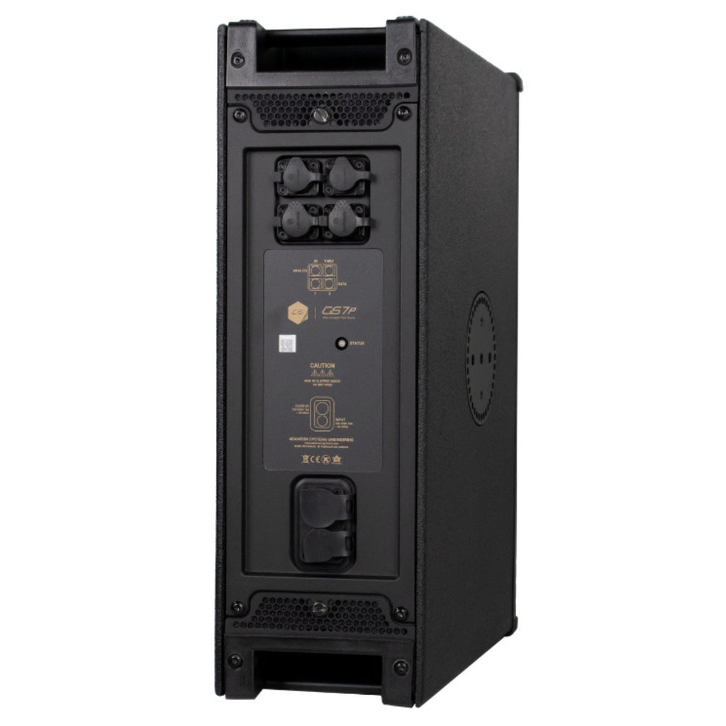 Adamson CS7P active point source loudspeaker with 100° x 50° coverage, showing its sleek black powered speaker design.