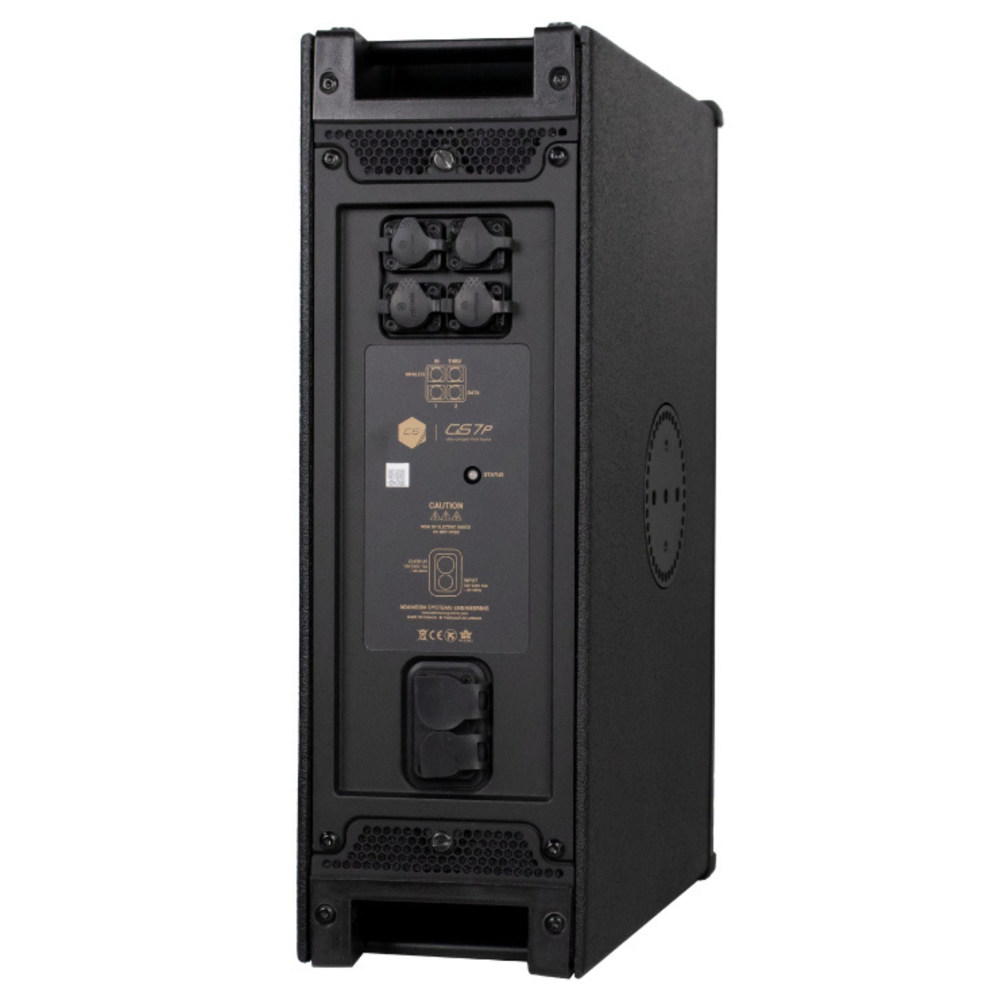Adamson CS7P active point source loudspeaker with 100° x 50° coverage, showing its sleek black powered speaker design.