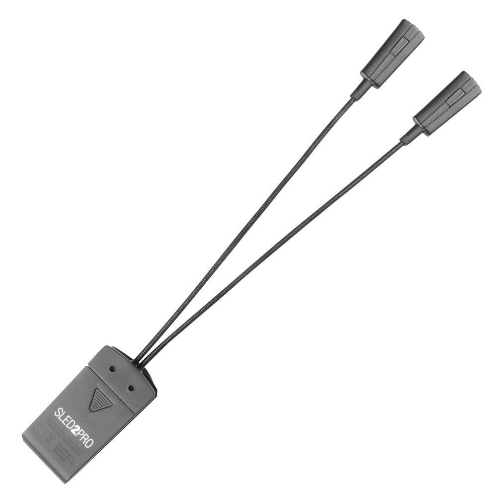 Adam Hall SLED2PRO twin LED light with four gooseneck LEDs for illuminating music stands in a dark setting.