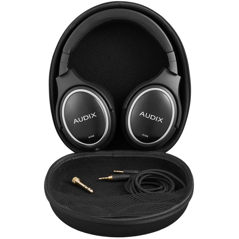 Audix A140 professional studio headphones with closed-back design, showcasing sleek black ear cups and padded headband.