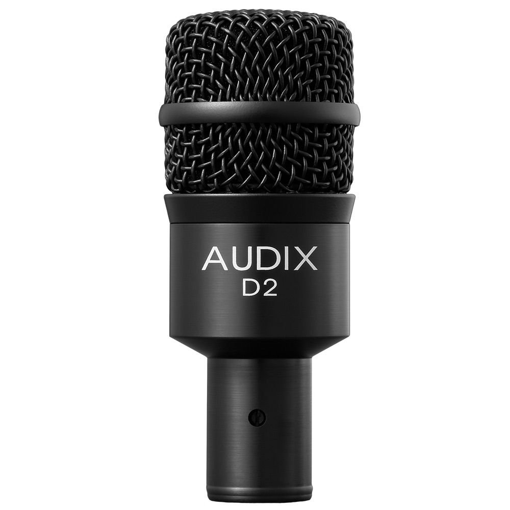 Audix D2 professional dynamic wired instrument microphone with a black body and grille for live performances.