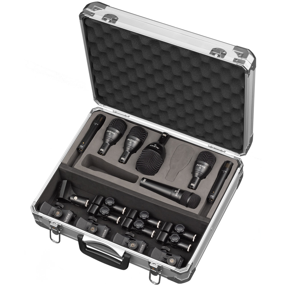 Audix FP7 7-piece wired drum microphone pack with individual microphones for each drum and cymbal in a live performance setup.