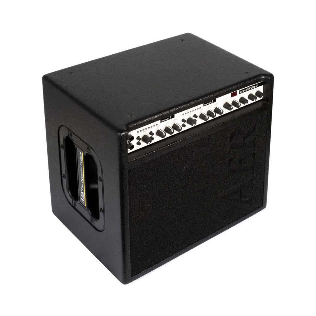 AER Acousticube 3 acoustic guitar amplifier with control panel and speaker grille, compact AER acoustic amplifier for guitar sound.