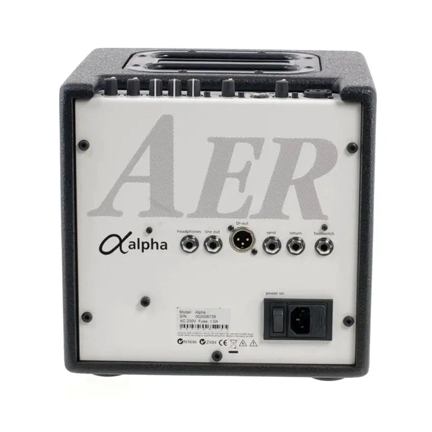 AER Alpha 40W acoustic guitar amplifier with control knobs and built-in handles, designed for high-quality sound.