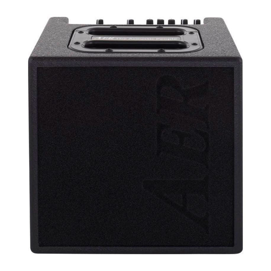 AER Alpha 40W acoustic guitar amplifier with control knobs, speaker grille, and sleek black finish on a stand.