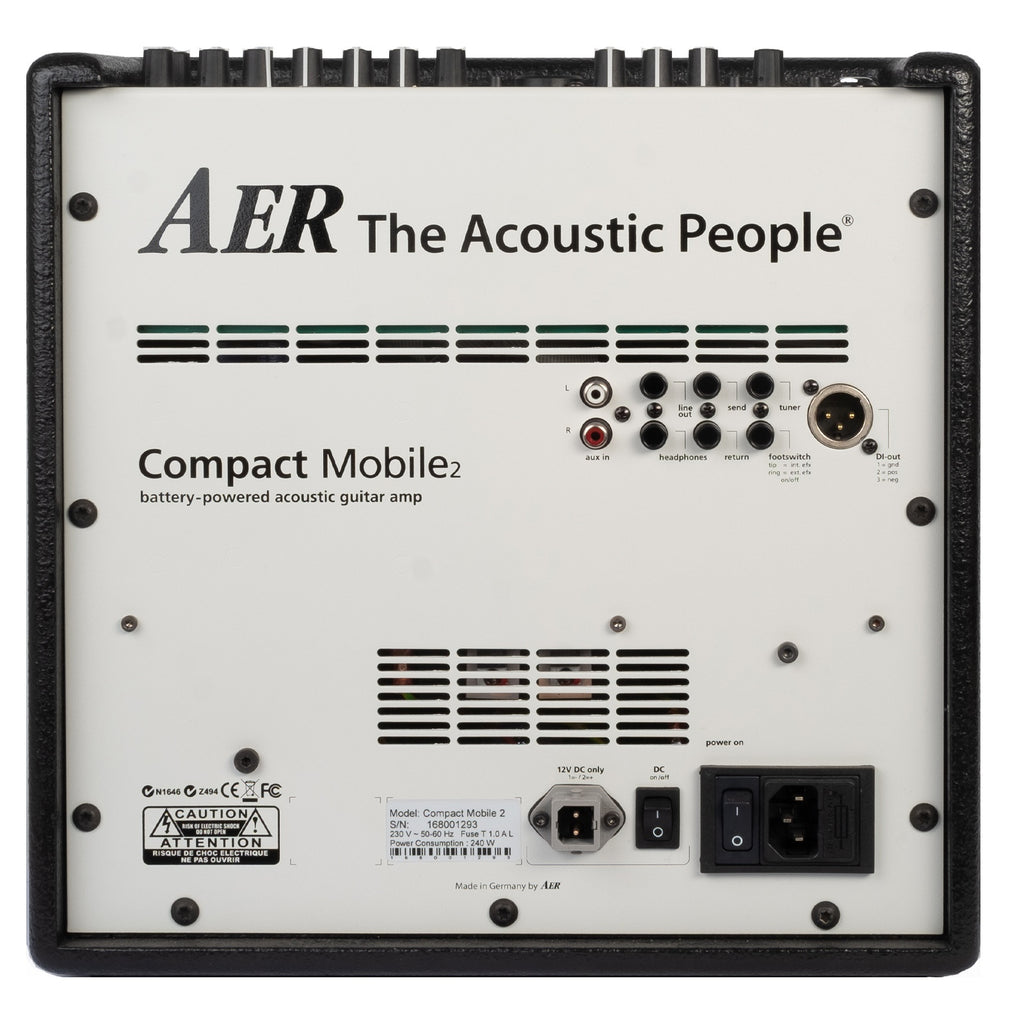AER Compact mobile battery-powered 60W acoustic instrument amplifier with control knobs and built-in handle for portability.