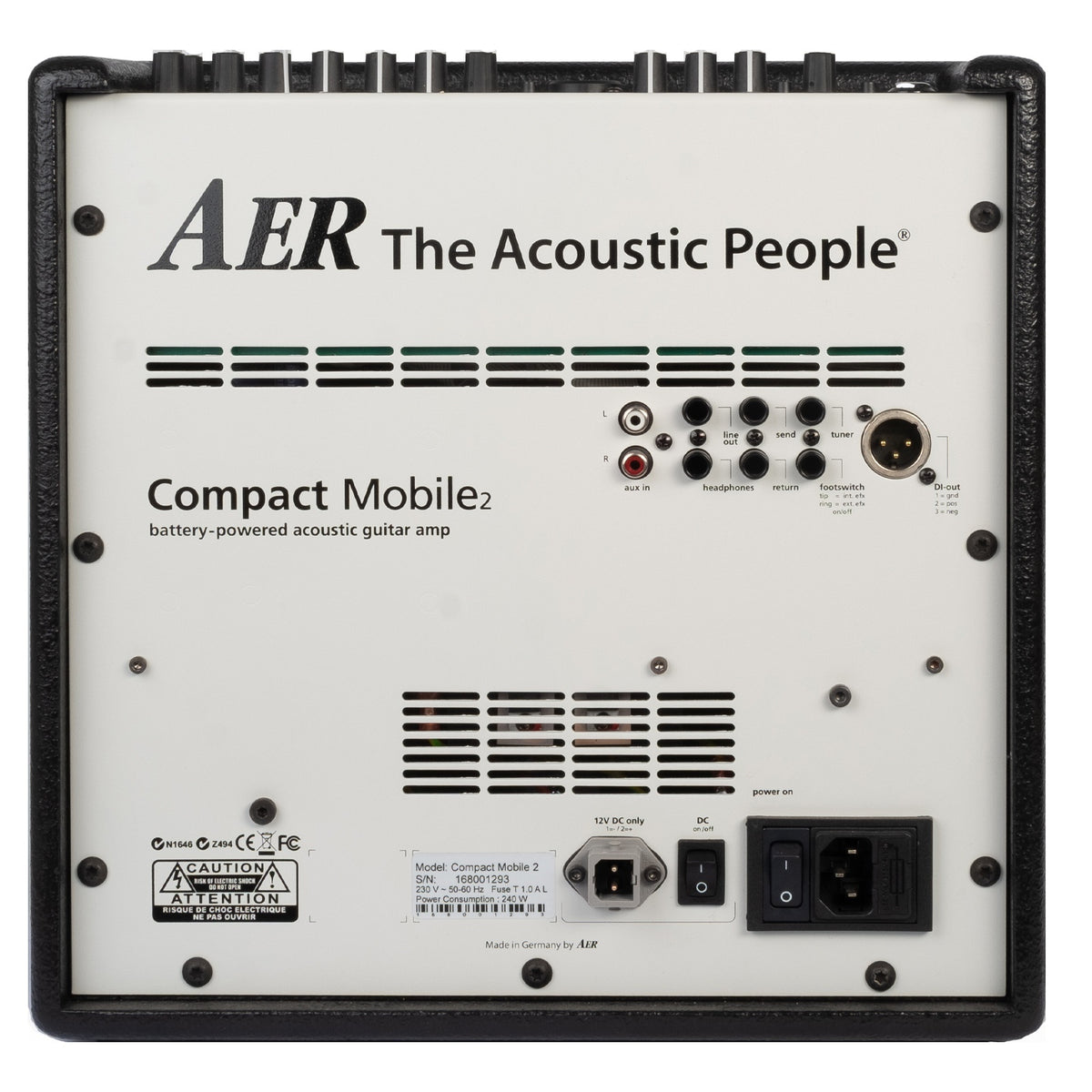 AER Compact mobile battery-powered 60W acoustic instrument amplifier with control knobs and built-in handle for portability.