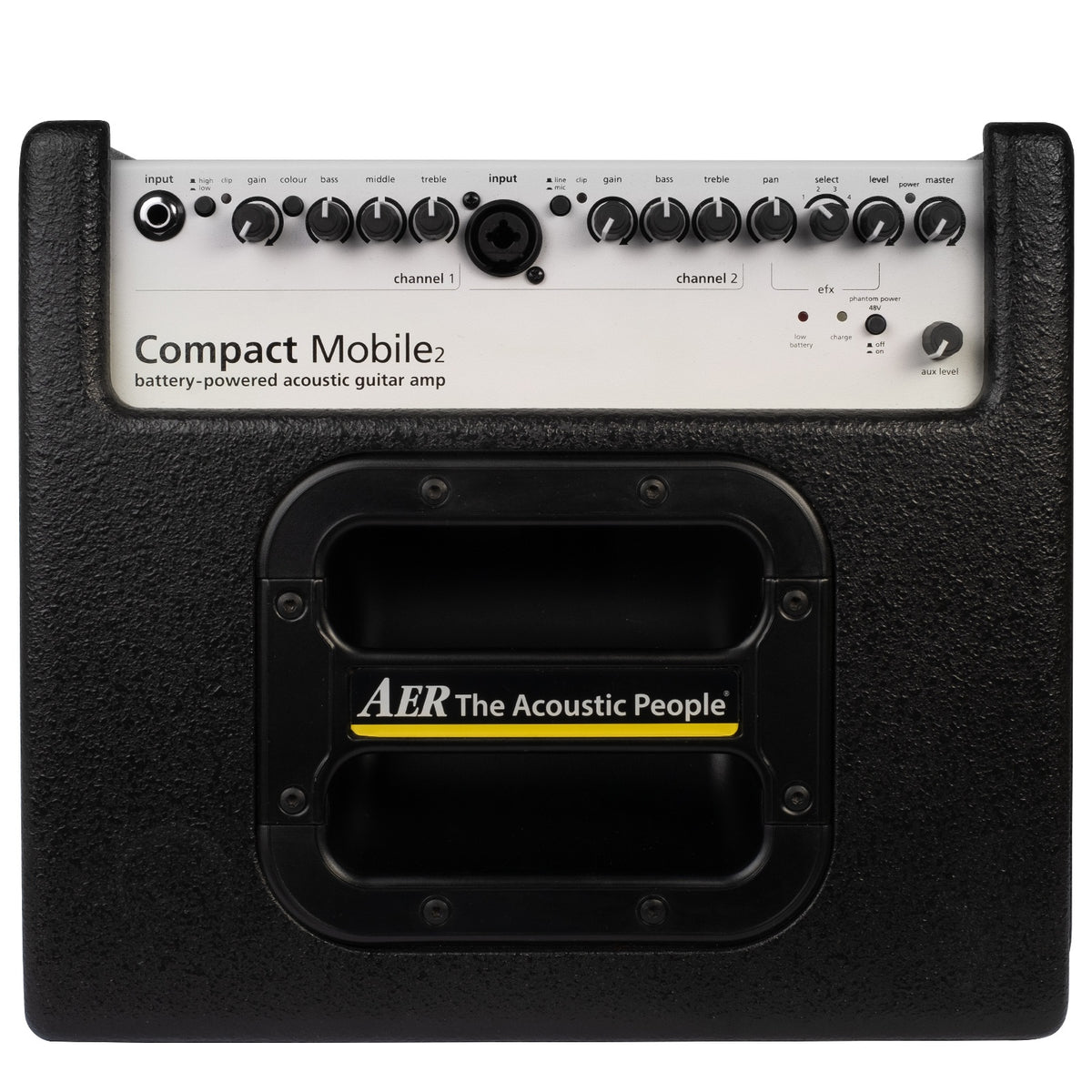 AER Compact Mobile 60W battery-powered acoustic instrument amplifier with control knobs and built-in handle for portable sound.