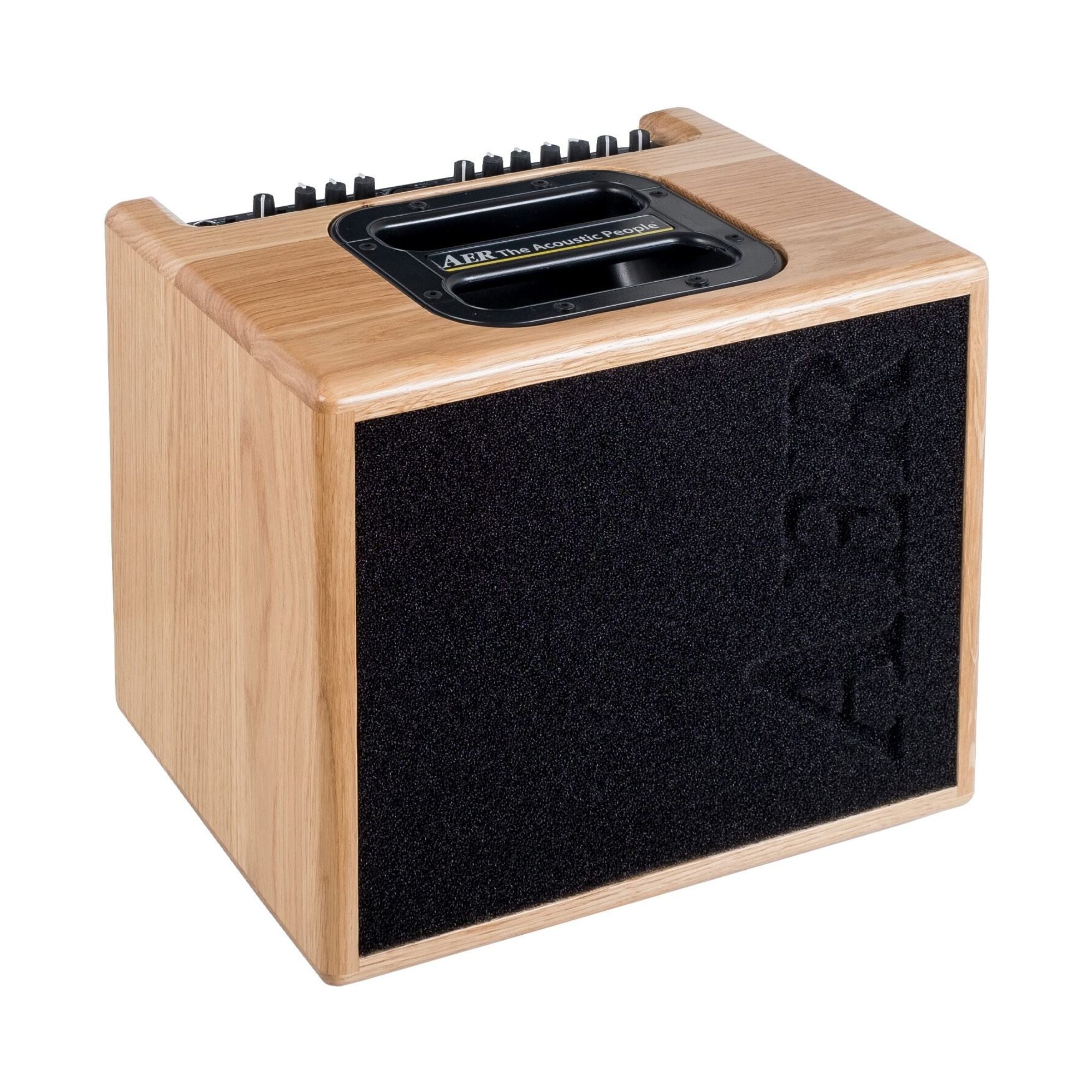 AER Compact 60 acoustic guitar amplifier in natural oak finish, compact design with control knobs and speaker grille.