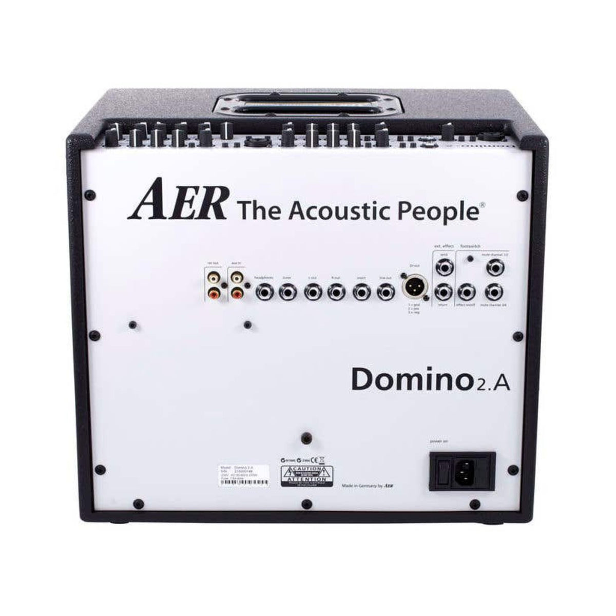 AER Domino 2 100W acoustic guitar amplifier with control knobs and speaker grille, designed for live music performances.