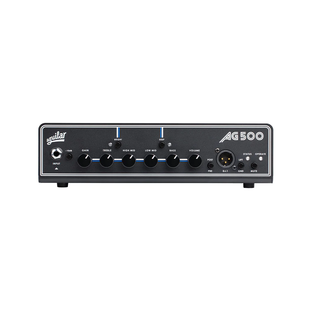 Aguilar AG 500 Watt Bass Head V2 amplifier showing front panel controls and branding for bass guitar amplification.