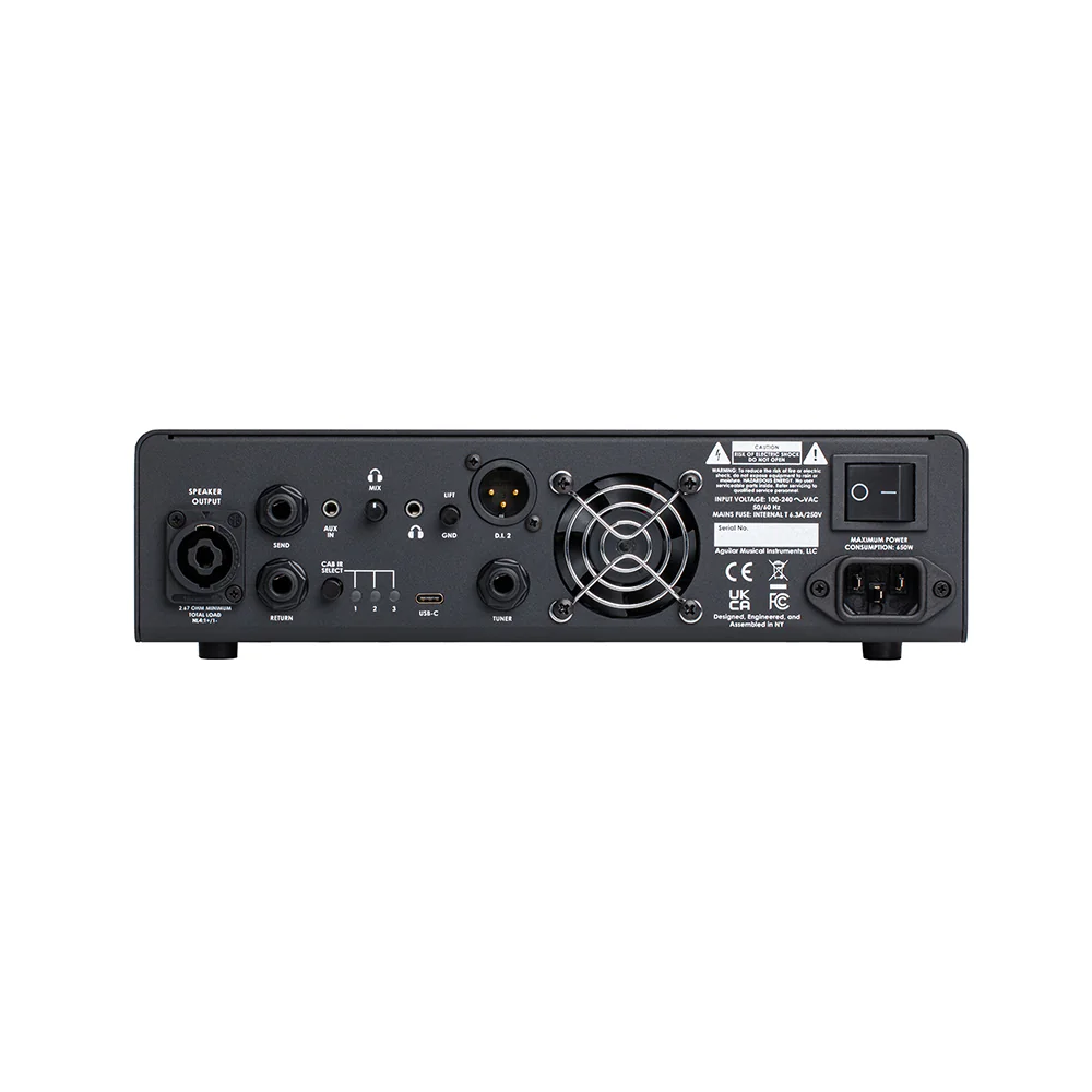 Aguilar AG 500 Watt Bass Head V2 amplifier showing control knobs and display on a bass amplifier for professional musicians.
